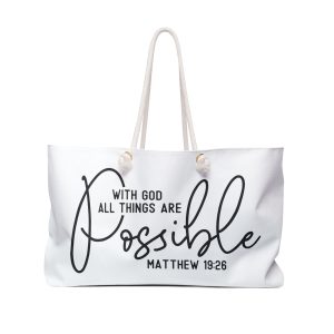 with god all things are possible weekender bag – matthew 19:26 christian canvas travel tote