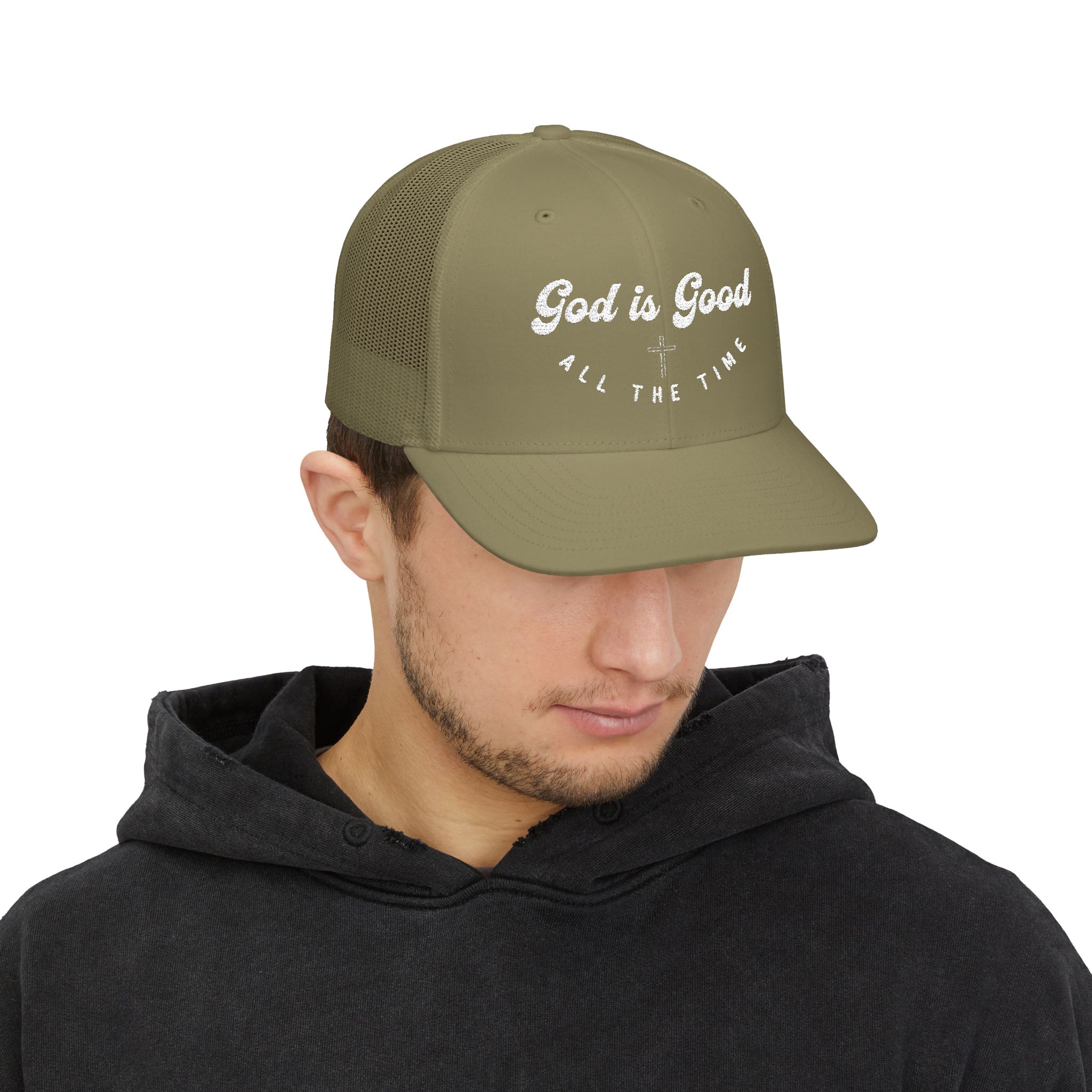 god is good all the time embroidered snapback trucker cap